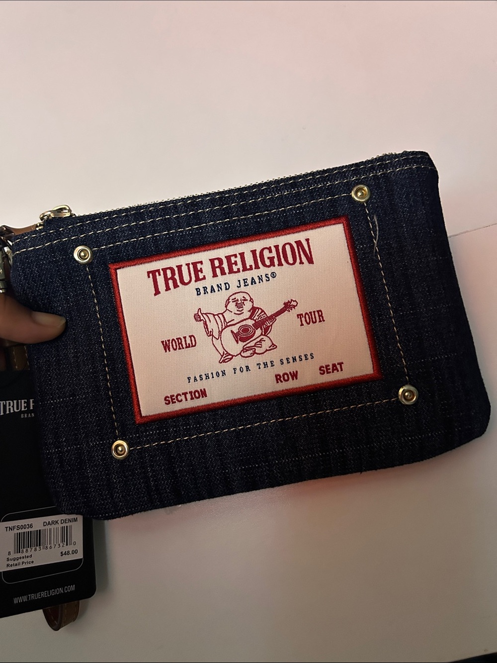 True Religion Dark Denim Wristlet with Red Logo Patch
